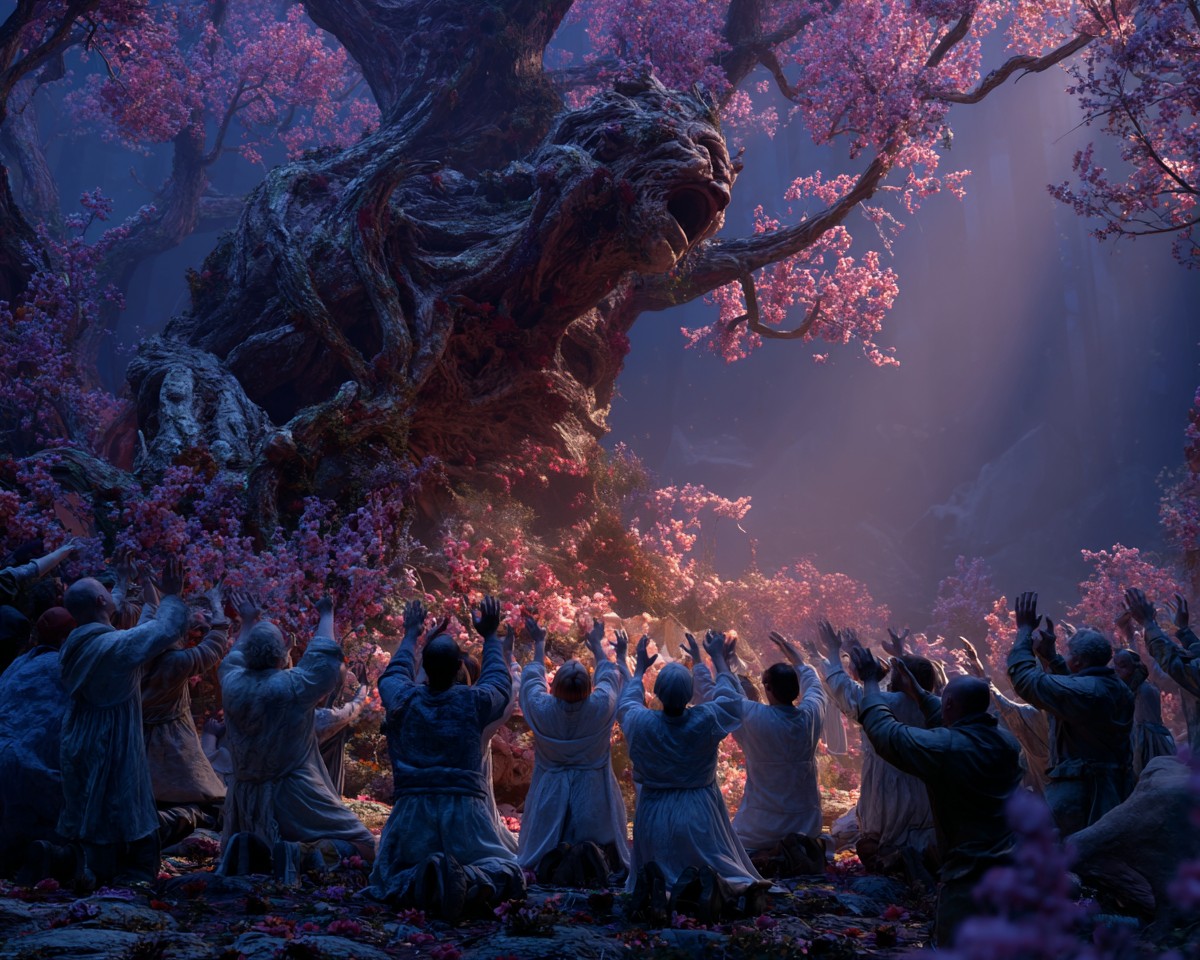 A gigantic tree with the face of a man screaming in agony. The horrific image is offset by the pretty pink flowers growning from it's branches and the peaceful surroundings. A group of pilgrims are knelt in prayer towards the tree. 