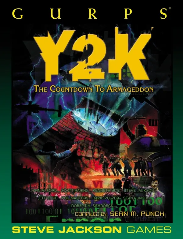 The cover for "GURPS Y2K", showing a variety of apocalyptic images