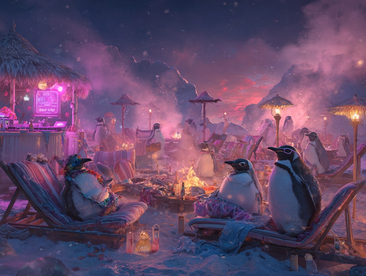A beach scene at dusk, featuring penguins lounging on deck chairs around a campfire, with tiki torches, umbrellas, and a beach bar in the background, all set against a snowy, mountainous landscape.