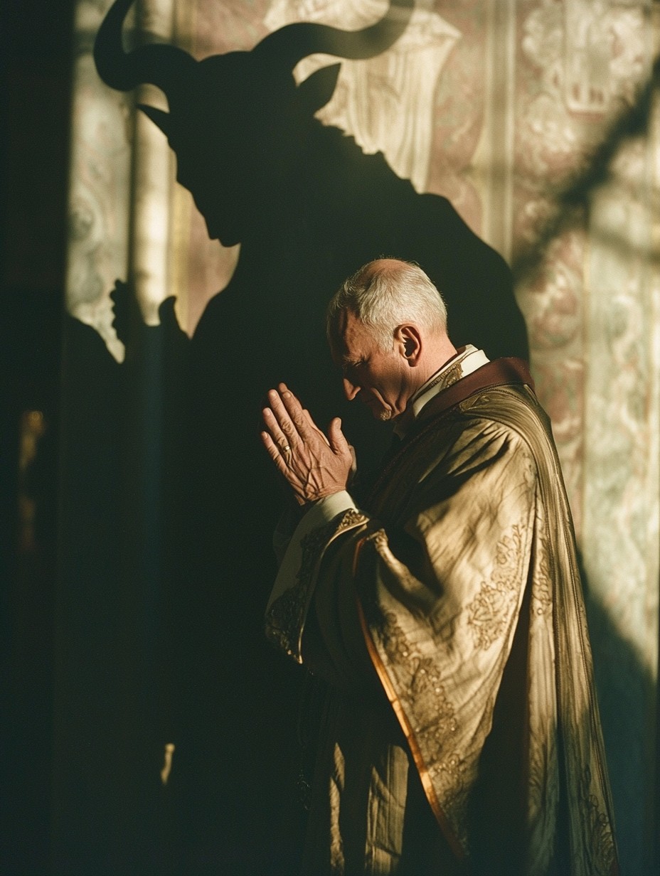A priest with his hands clasped in prayer. His shadow projected on the wall behind him has large demonic horns. 